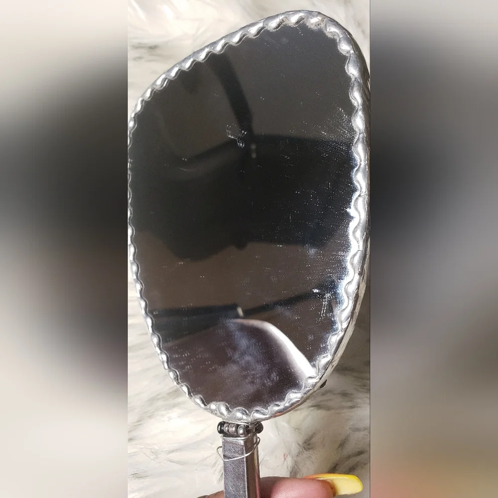 Vintage Long Vanity Hand Held Mirror Gemed Dragonfly. Silver